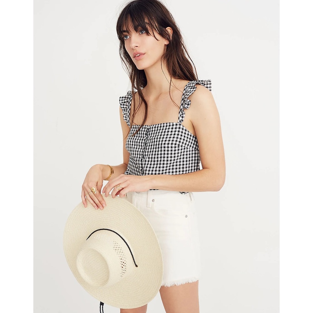 Madewell Linen Blend Ruffle-Strap Cami Top Gingham Check Black and White Size 6